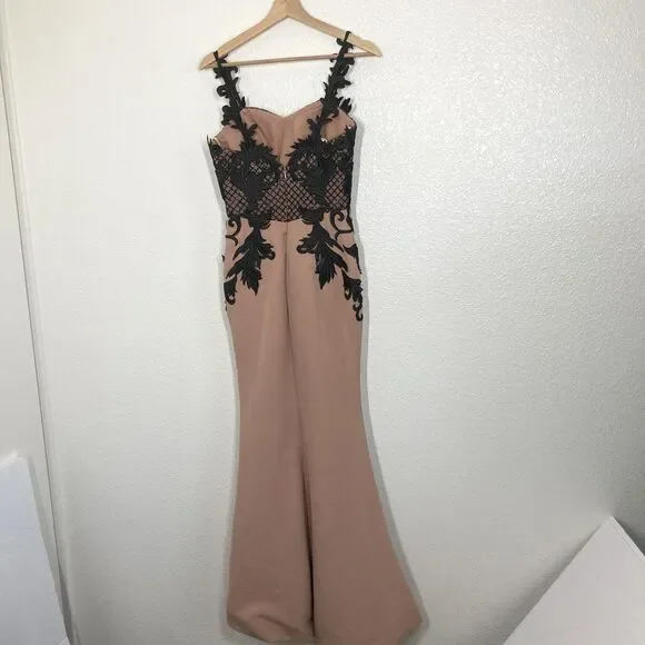 Portia & Scarlett Y2K Dress Small Nude Black Embroidered Fitted Gown Formal - Picture 7 of 13